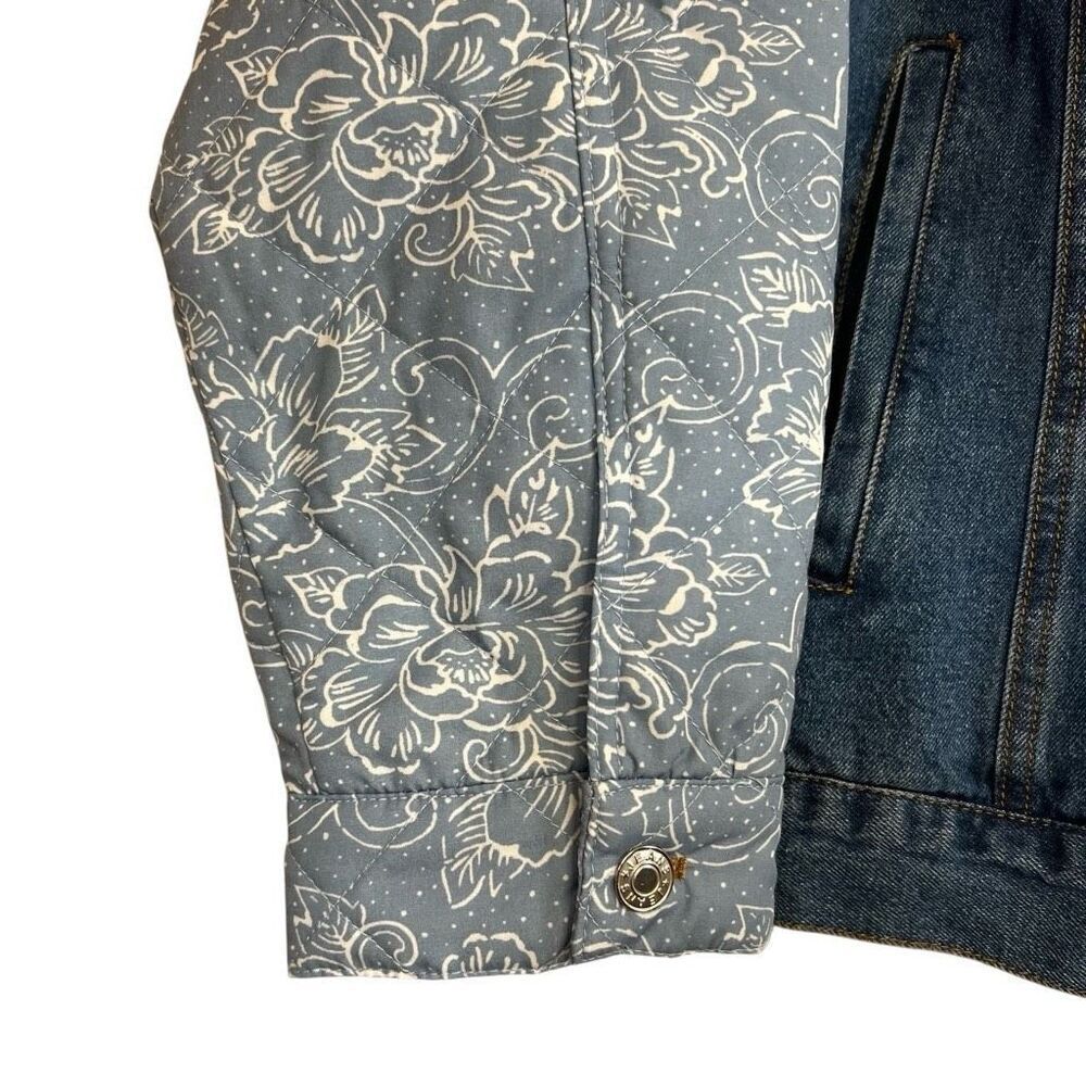 NEW Like Love 2XL Denim Jacket with Quilted Floral Sleeves Blue Jean Button Up - Picture 2 of 5